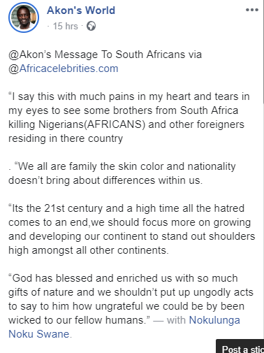 “I say this with much pains in my heart - Akon's sad message to South Africans Amid Xenophobia. Singer, songwriter and producer, Akon has joined the many voices to criticize South Africans actions toward foreigners amid Xenophobic attacks