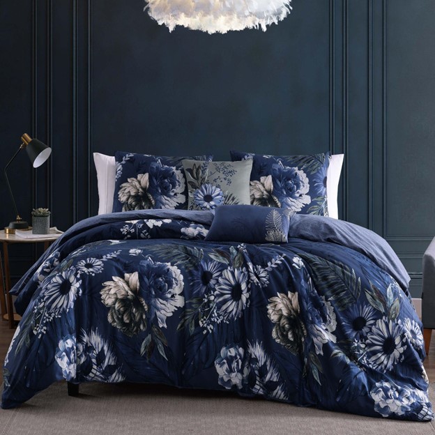 How to match a navy blue comforter in a room?