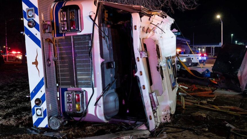 Texas firefighter in critical condition after fire engine overturns in a crash.