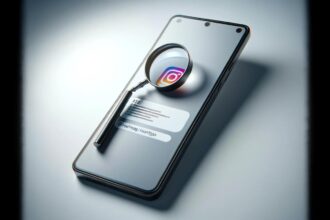 A sleek, modern smartphone displaying an Instagram post with a focus on strategic hashtags highlighted by a magnifying glass.