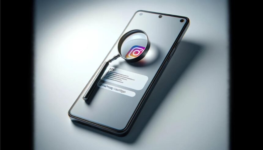 A sleek, modern smartphone displaying an Instagram post with a focus on strategic hashtags highlighted by a magnifying glass.