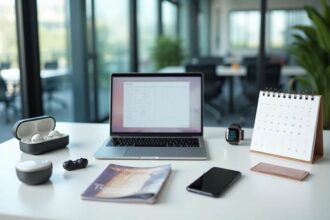 A modern workspace with a laptop, calendar, smartphone, earbuds, and smartwatch on a clean white desk in an office setting