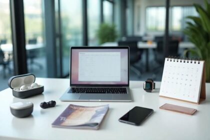A modern workspace with a laptop, calendar, smartphone, earbuds, and smartwatch on a clean white desk in an office setting