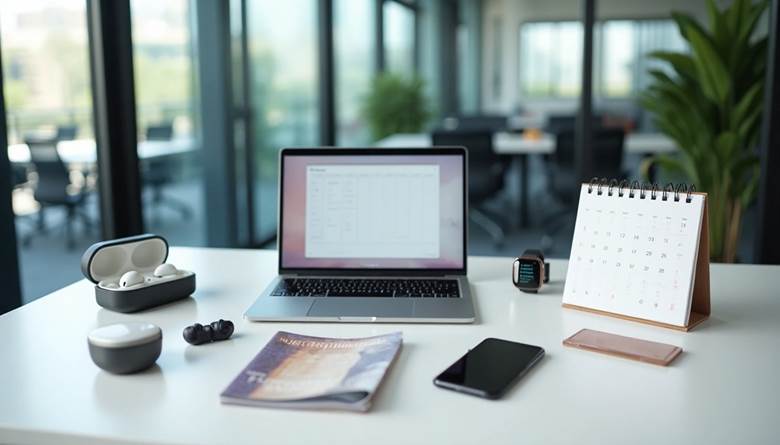 A modern workspace with a laptop, calendar, smartphone, earbuds, and smartwatch on a clean white desk in an office setting